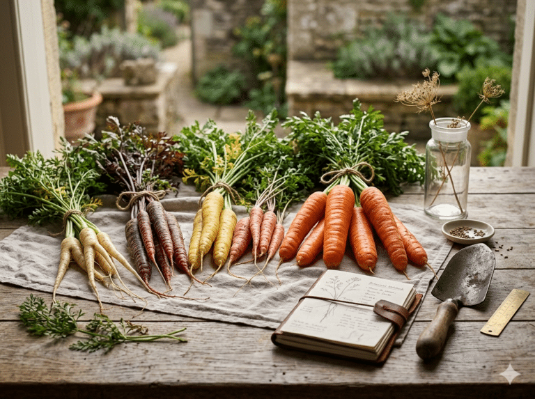 Différentes carottes sur table jardinier