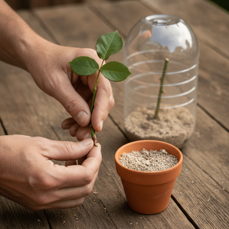 Bouture de rosier à talon prête à planter dans un pot de terreau, illustrant comment bouturer un rosier pas à pas