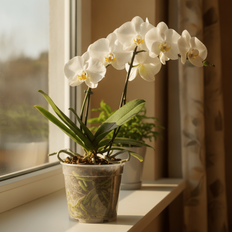 Orchidée phalaenopsis blanche en fleur sur un rebord de fenêtre, pot transparent et racines visibles, illustrant l’entretien de l’orchidée