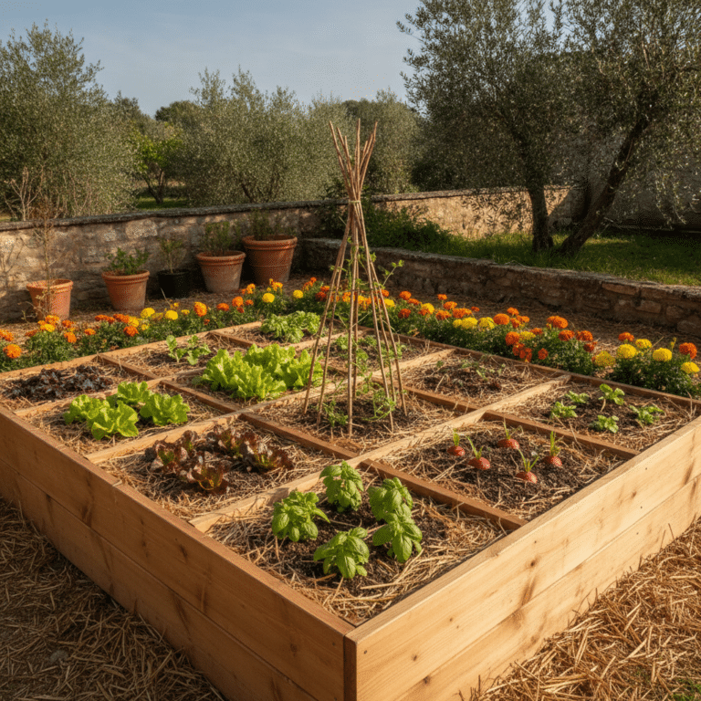 Potager en carré en bois divisé en cases avec jeunes légumes, terre paillée et associations de cultures au printemps