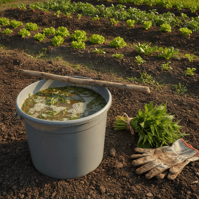 Seau de purin d’ortie en macération avec feuilles d’orties fraîches au potager, engrais naturel maison