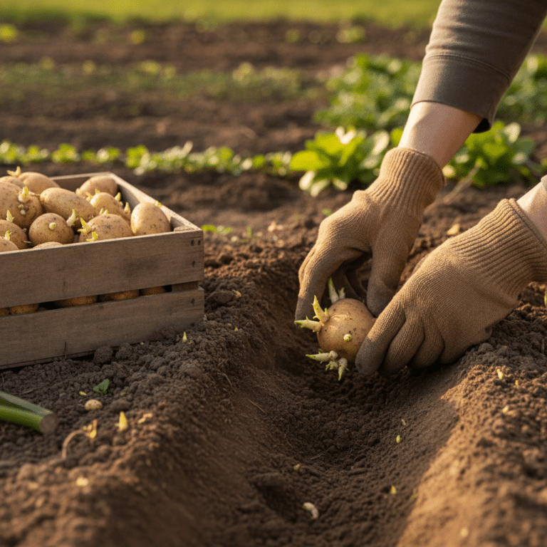 Plantation de pommes de terre germées dans un sillon de terre meuble au potager au printemps
