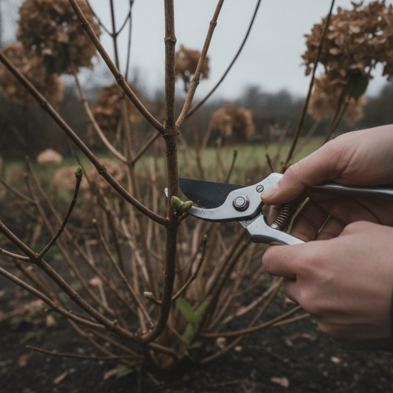 Mains taillant au sécateur un hortensia macrophylla au-dessus d’une paire de bourgeons en fin d’hiver