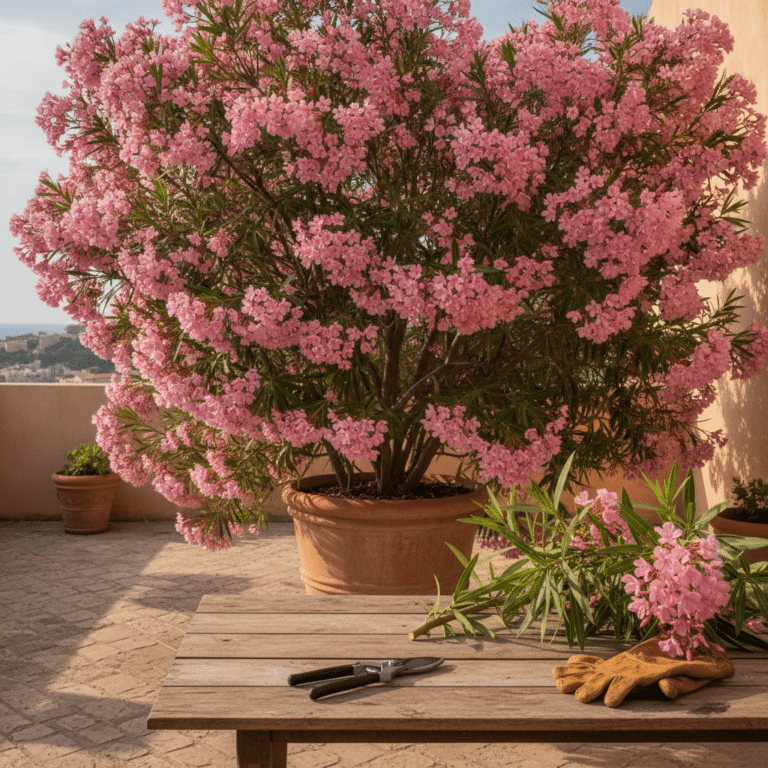 Taille d’un laurier rose en fleurs sur une terrasse ensoleillée, sécateur et gants posés près de branches coupées de nerium oleander